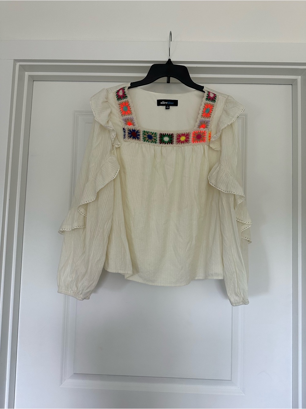Source Unknown Cream Blouse with Bright Embroidered Square Trim